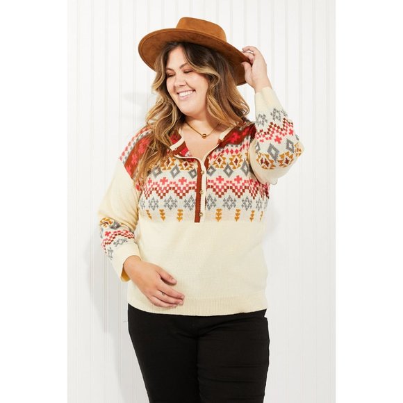 Andree by Unit Full Size Geometric Half-Button Henley Sweater - Picture 6 of 9